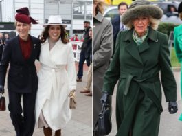 Zara Tindall (l.), Prinzessin Eugenie und Königin Camilla beim Pferderennen in Cheltenham. / Source: imago/i Images / imago/Parsons Media