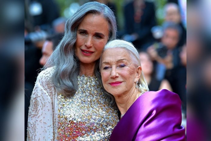 Sie stehen zu ihrem Alter: Andie MacDowell und Helen Mirren zeigen auf dem roten Teppich graue Haare im Doppelpack. / Source: IMAGO/ABACAPRESS