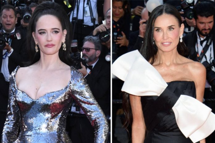 Eva Green (l.) bot einen statuenhaften Anblick, Demi Moore kam mit XXL-Schleife. / Source: imago/ABACAPRESS / imago/ABACAPRESS