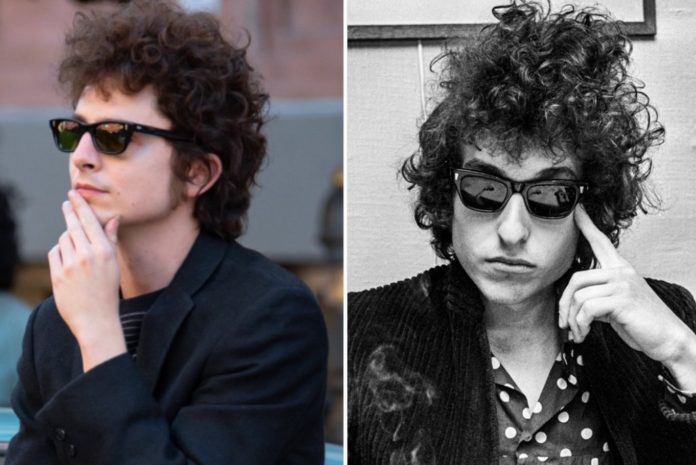 Links Timothée Chalamet 2024 als Bob Dylan und rechts der echte Bob Dylan im Jahr 1966. / Source: METROPOLIS/Bauer-Griffin/GC Images / imago images/TT