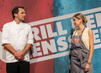 TV-Tipps am Sonntag "Grill den Henssler": Steffen Henssler mit Cathy Hummels. / Source: RTL / Markus Hertrich