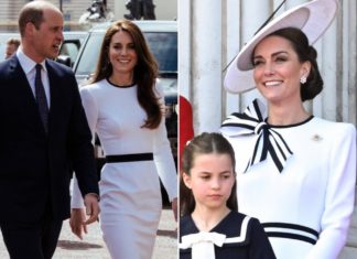 Prinzessin Kate hat für “Trooping the Colour” ihr Kleid recycelt Prinzessin Kate trug das weiße Kleid bereits im Mai 2023 (l.), fügte nun aber einige Details hinzu. / Source: imago/Cover-Images / IMAGO/UPI Photo
