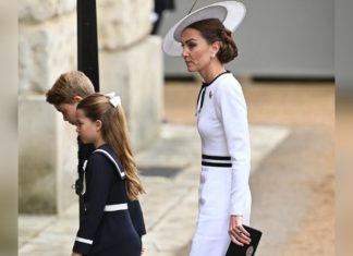 Prinzessin Kate: Kam sie für ihre Kinder zu “Trooping the Colour”? Prinzessin Kate mit ihren Kindern George und Charlotte bei "Trooping the Colour". / Source: JUSTIN TALLIS/AFP via Getty Images